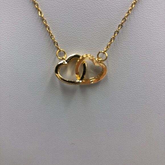 18K Gold Plated Women's Cubic Zirconia Dual Interlocking Heart Necklace Love - Picture 7 of 11